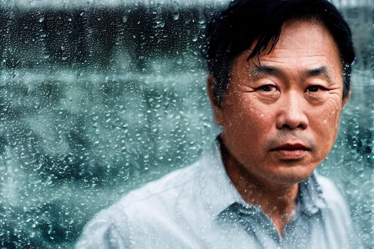 Image similar to a cinematic headshot portrait of a middle aged asian man, through a steamed up window, movie still, ocean background, waves, rain, dramatic lighting, back light, hair light, rim light, 4 k, ultra realistic, by annie leibovitz