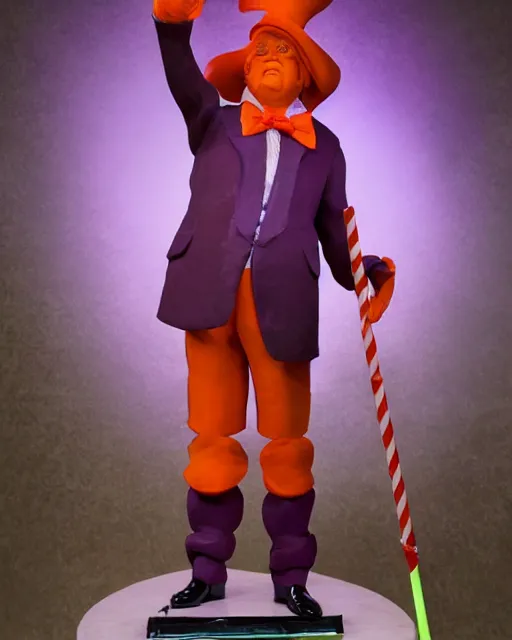 Image similar to wide angle full body photo of a maquette sculpture of donald trump as willy wonka, he is wearing a victorian era purple jacket and pants, and a velvet purple top hat over his long orange hair. he is holding a candy cane colored cane. his skin is an orange color like an oompa loompa. in the style of sideshow collectibles, highly detailed sculpture