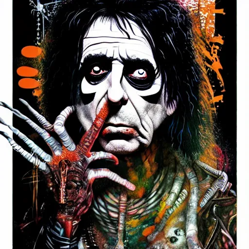 Image similar to graphic illustration, creative design, alice cooper, biopunk, francis bacon, highly detailed, hunter s thompson, mixed media, concept art