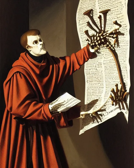 Image similar to A painting of Martin Luther holding a mallet and nailing a cartoon paper-skeleton Halloween decoration to the door of a suburban home, in the styles of Ferdinand Pauwels, Greg Rutkowski, and Judy Boyle intricate, hyperrealistic, accurate facial details, volumetric lighting