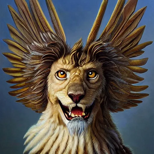 Image similar to a realistic oil painting portrait of a griffon, resembling a winged lion with an eagle head, highly detailed, trending on artstation, by james gurney and michael whelan