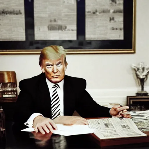 Image similar to Donal Trump drinking out of a bottle of whiskey, Oval Office, newspaper picture, realistic, close-up, pulitzer-prized photo, by Steve McCurry