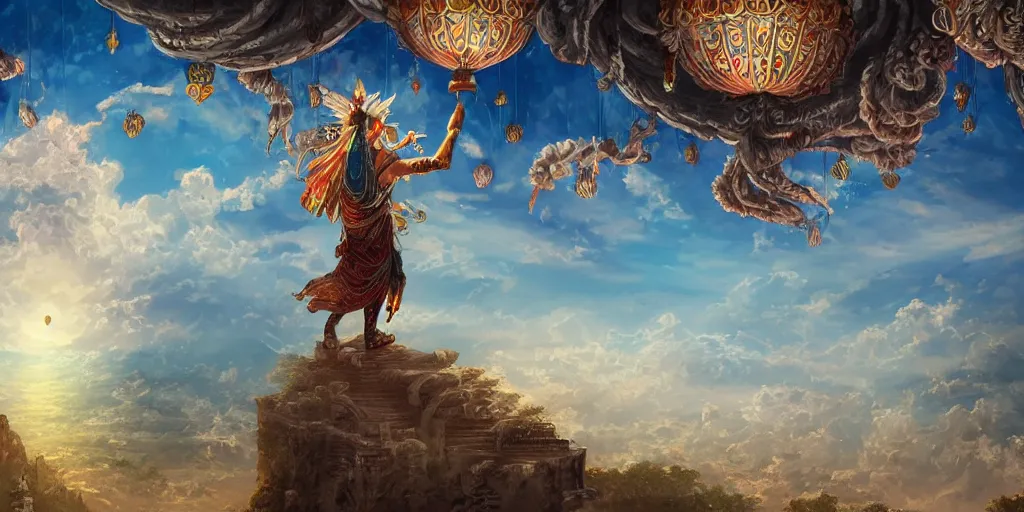 Image similar to painting of wind god enjoying the view from his ornate stone heavenly palace, decorated with windchimes and paper lanterns, nature and clouds in background, digital art, trending on artstation