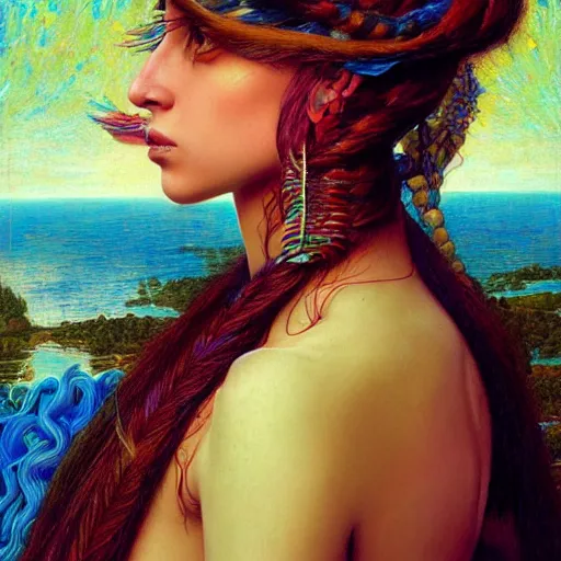 Image similar to photo realistic, hyper realism, lady gaga artpop act ii album, intricate detail, hyper detail, gaston bussiere, sandro botticelli style, with neon aqua rapunzel dreadlocks, detailed, masterpiece, sharp focus,