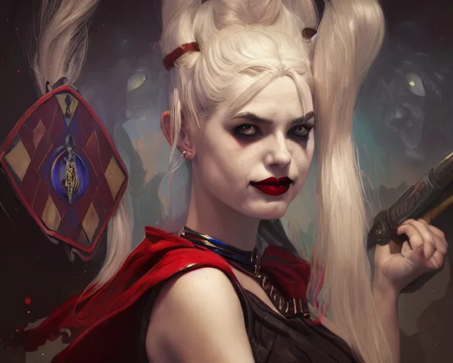 Image similar to photography of harley quinn, deep focus, d & d and mtg, fantasy, intricate, elegant, highly detailed, digital painting, artstation, concept art, matte, sharp focus, illustration, hearthstone, art by artgerm and greg rutkowski and alphonse mucha