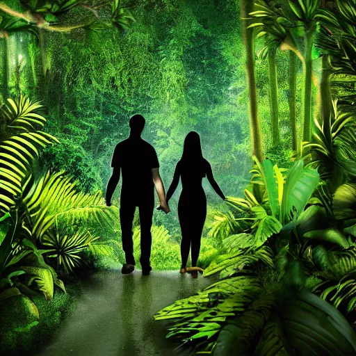 Prompt: a detailed photorealistic picture of two lovers holding hands walking through the forest overgrown canopy jungle lush foliage waterfall in background, 8k