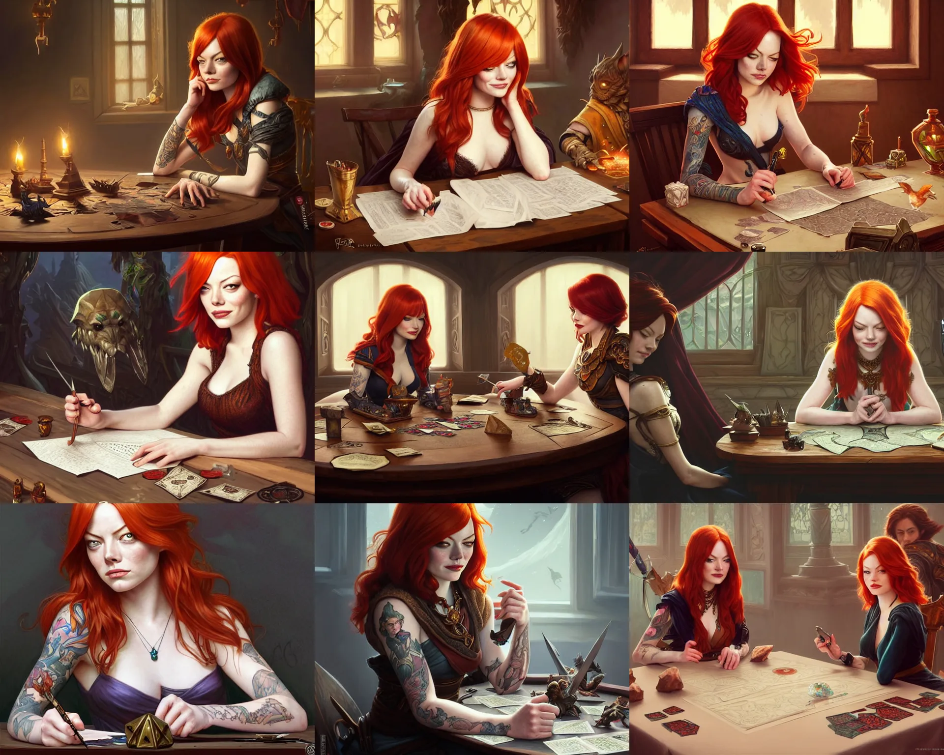 Prompt: redheaded tattooed emma stone sitting at table playing dnd, deep focus, d & d, fantasy, intricate, elegant, highly detailed, digital painting, artstation, concept art, matte, sharp focus, illustration, hearthstone, art by artgerm and greg rutkowski and alphonse mucha.