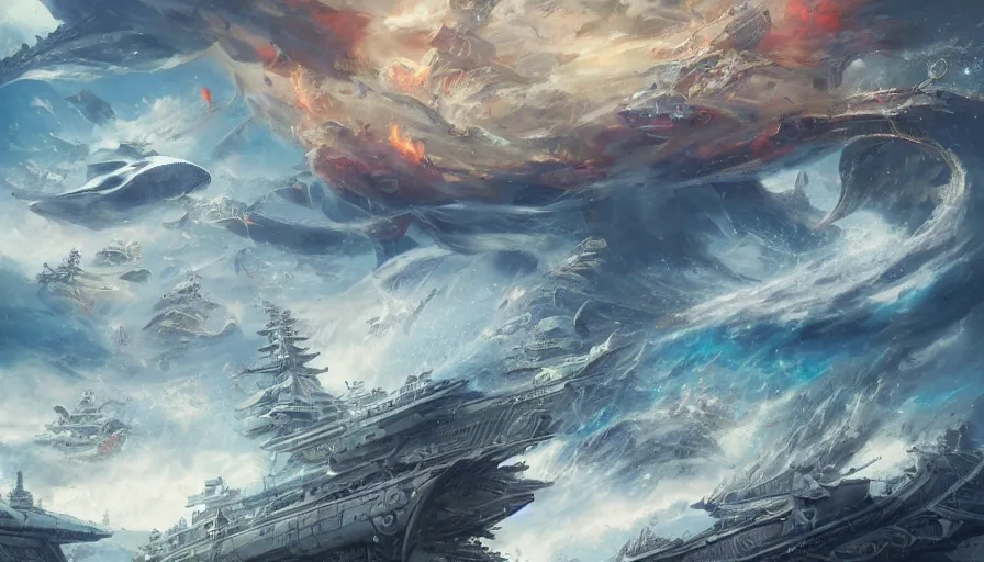 Prompt: warlord evil ships vs massive flying whales with water aura to protect their himeji temple, battle of the century, intricate luxurious scifi shrines, star trek style, by peter mohrbacher, jeremy mann, francoise nielly, james jean, ross tran, beautiful, award winning scenery, clean details, serene