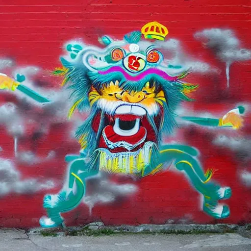 Image similar to lion dance, china, graffiti style, spraypainted on a wall