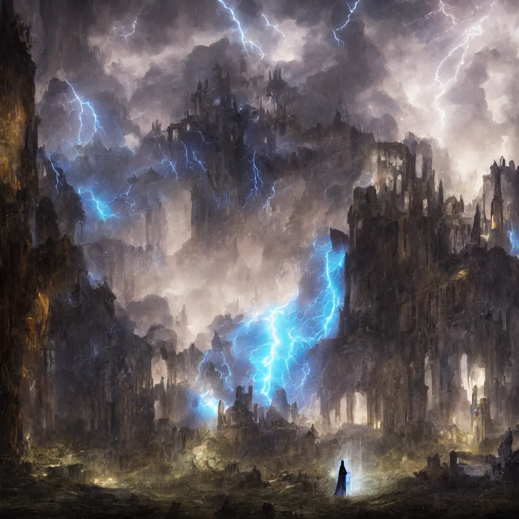 Image similar to a still of a cloaked figure standing in the ruins of crux prime, monastery, there is lightning, blue fiery maelstrom in the distance, it is raining, digital art, artstationhq