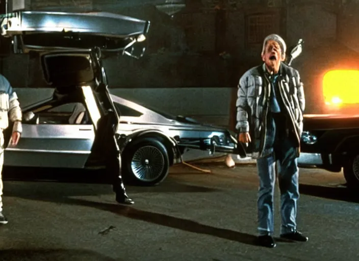 Image similar to screenshot from the iconic scene from the lost Back to the Future film directed by Martin Scorsese, cinematic lighting, unsettling set design with extreme detail, moody cinematography, with anamorphic lenses, crisp, detailed, 4k image, starring Marty Mcfly