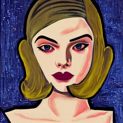 Prompt: Art Deco painting of a cybernetic Elle Fanning