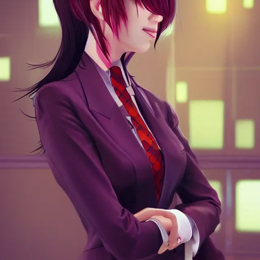 Prompt: a girl wearing a red business suit, she has a purple checkered nexktie, anime art, HD, ambient lighting, artstation, smooth