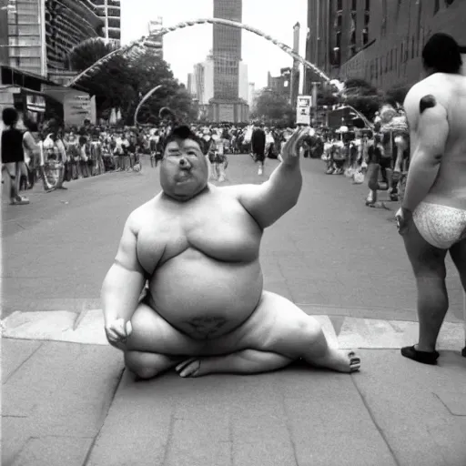 Prompt: 1 9 8 0 s sumo wrestler street performer