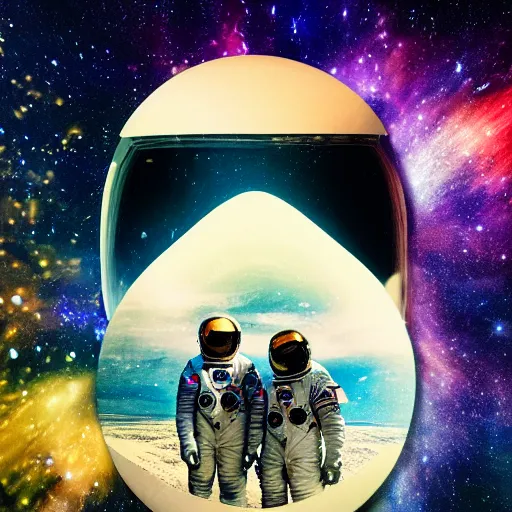 Prompt: double exposure portrait of astronaut and another astronaut with space and time in the the background by davinci, circles, psychedelic, pencil art, high definition, dynamic lighting stars, sharpness, golden ratio