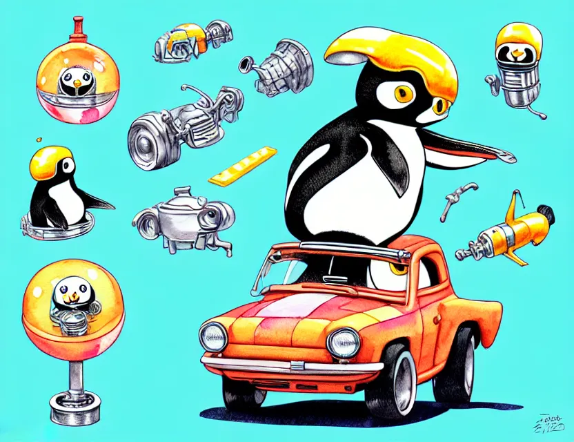 Image similar to cute and funny, penguin wearing a helmet riding in a tiny hot rod with an oversized engine, ratfink style by ed roth, centered award winning watercolor pen illustration, isometric illustration by chihiro iwasaki, edited by range murata, tiny details by artgerm and watercolor girl, symmetrically isometrically centered, sharply focused