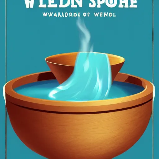 Image similar to poster of a man eating blue cyan soup from a wooden bowl, award winning, trending on artstation, unreal engine