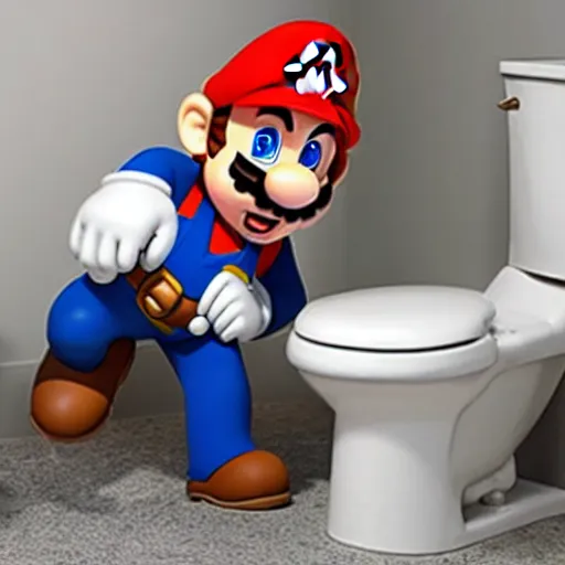 Image similar to super mario using a plunger to unclog a toilet