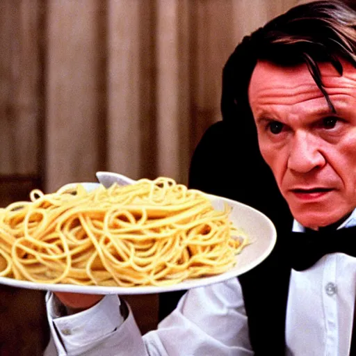 Prompt: Harvey Keitel eating pasta in American Psycho (1999)