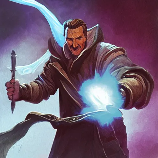 Image similar to Liam Neeson as Burl Gage, Antimage, casting Ghost Whip,, iconic Character illustration by Wayne Reynolds for Paizo Pathfinder RPG