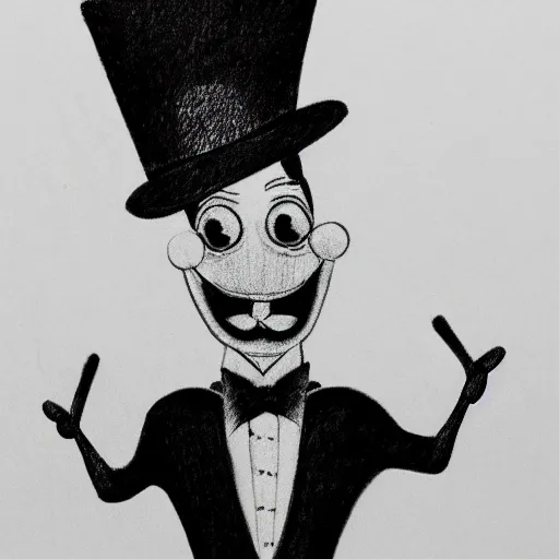 Image similar to a 2 d pencil sketch of a smiling marionette puppet wearing a top hat, highly detailed