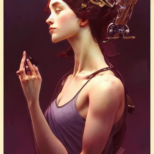 Image similar to female robot, incredibly detailed face, pretty face, true anatomy, art by artgerm and greg rutkowski and alphonse mucha