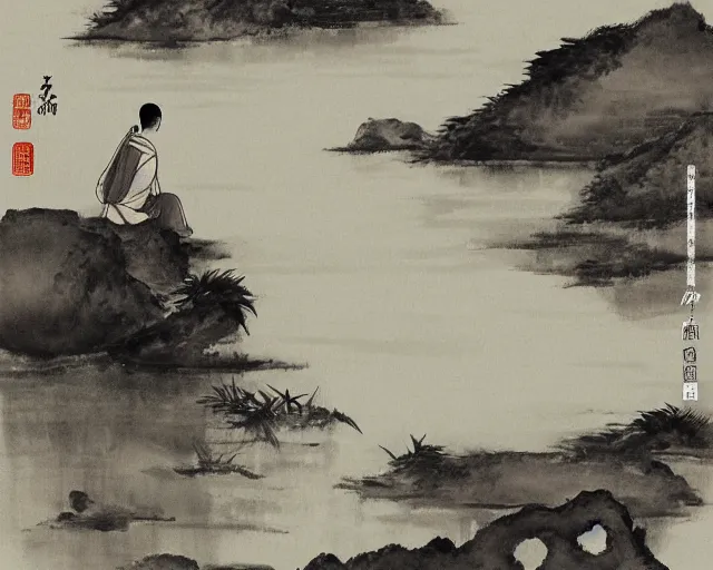 Image similar to zen monk meditating by a river, chinese landscape, traditional chinese ink painting,