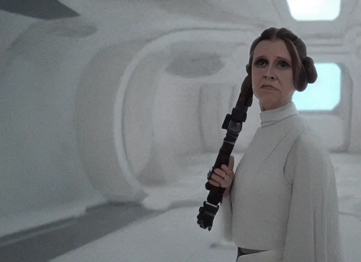 Image similar to portrait of Princess Leia alone at Jedi Temple scene from the last jedi, 2022, film by Stanley Kubrick, 4k serene, iconic , photoreal Carrie fischer, detailed stunning cinematography, hyper detailed, sharp, anamorphic lenses, kodak color film