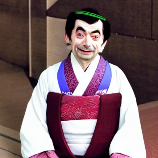 Prompt: mr bean dressed as a traditional japanese woman