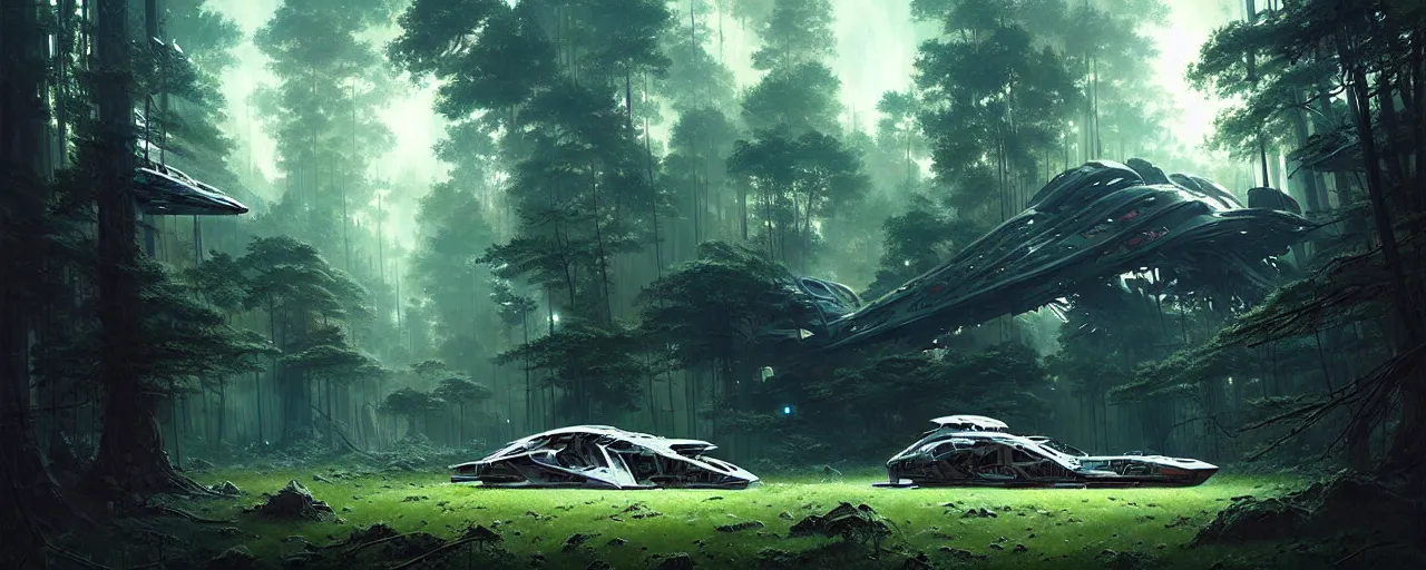 Image similar to a giant spaceship wrecked and lost in the forest, detailed digital art by greg rutkowski.