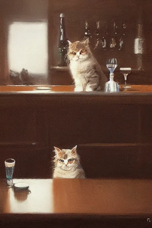 Image similar to of a british longhair cat sitting at the bar next to a beer, by greg rutkowski