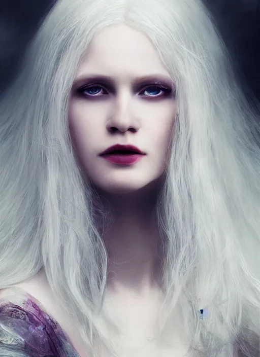 Prompt: a beautiful albino woman, 8 k, hyperrealistic, hyperdetailed, beautiful face, long white hair windy, dark fantasy, fantasy portrait by laura sava