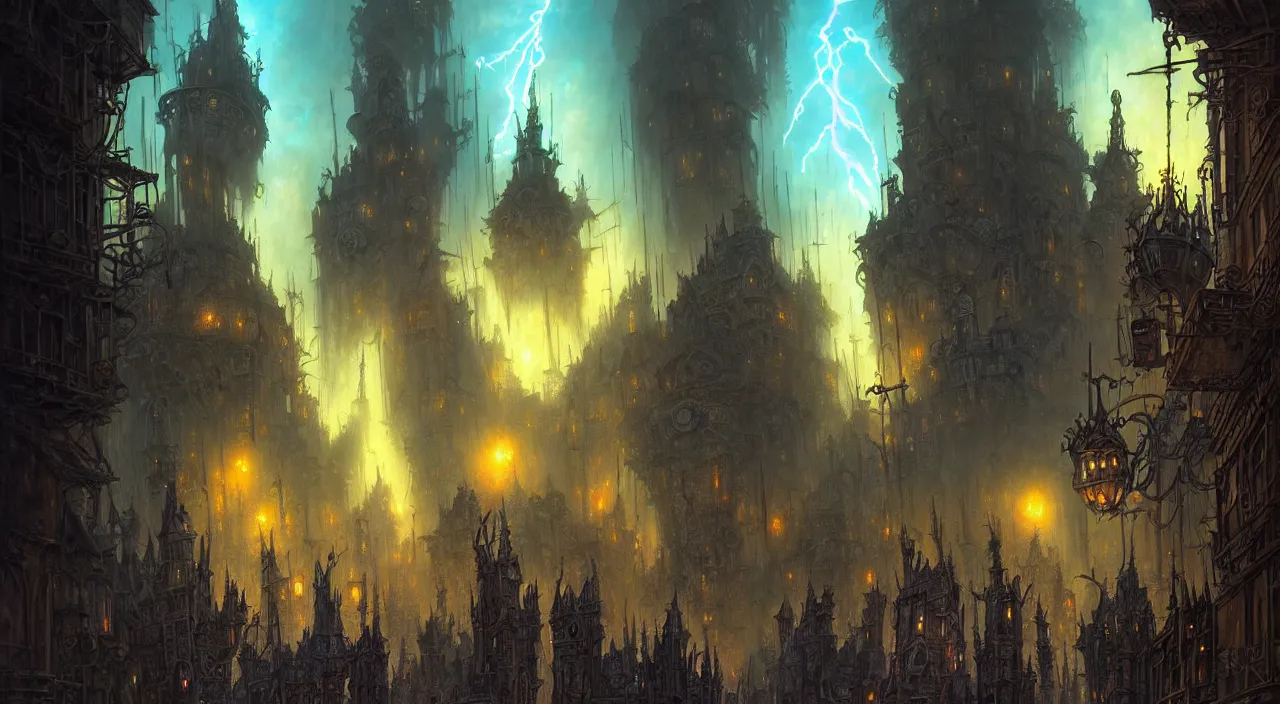 Prompt: a view from the otherworldly gothic streets of the planescape city of sigil, by tony diterlizzi and by brom and by wlop, street crowded planescape inhabitants, beautiful digital painting, volumetric lightning, intricate details, by art germ, by greg rutkowski, vibrant deep colors, amazing d & d fantasy art, clear sharp image