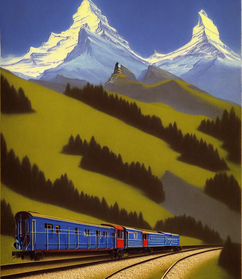 Prompt: an achingly beautiful print of a train in front of the matterhorn by raphael, hopper, and rene magritte. detailed, golden ratio, romantic, vibrant, enchanting, trending on artstation