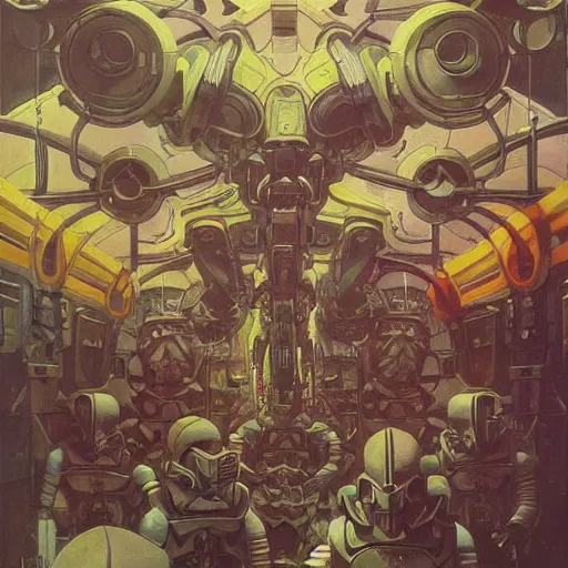 Image similar to beautifully colored detailed scifi painting of occultist scientists summoning a mobile suit, occult giant robot power armor eched with power runes by m. c. escher, beeple, greg rutkowski and alphonse mucha