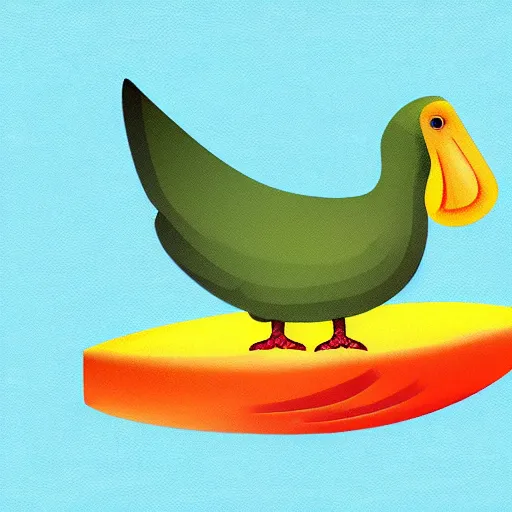 Prompt: cute digital illustration of a dodo bird surfing. super cute. tropical. colorful.