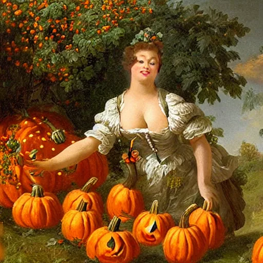 Image similar to A female gardener gets surprised by an avalanche of little pumpkins. high detail. Rococo painting