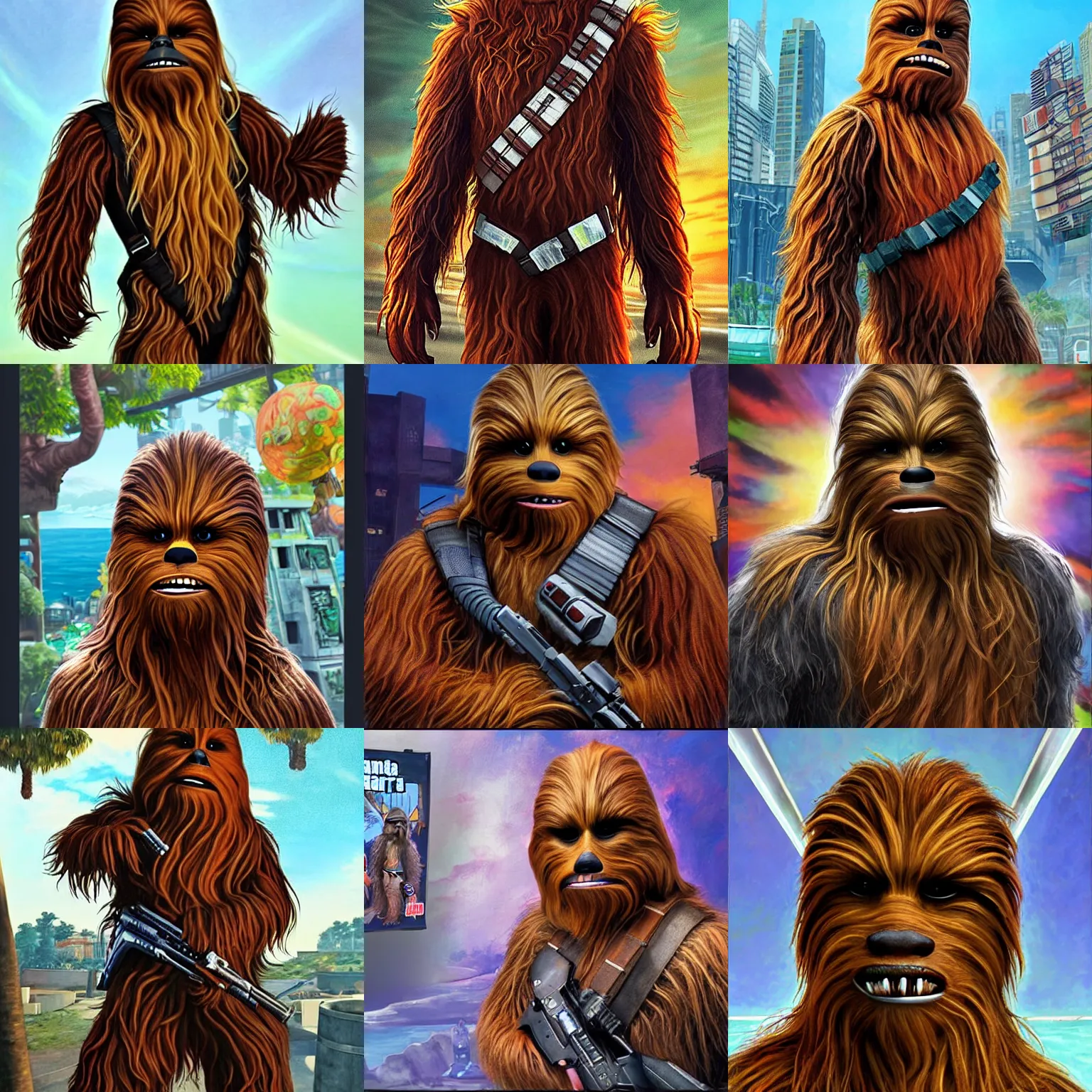 Prompt: Chewbacca guavara as a character in the game GTA VI, with a background based on the game League of Legends, detailed face, photorealistic pAINTING BY android jones, alex grey, chris dyer, and aaron brooks