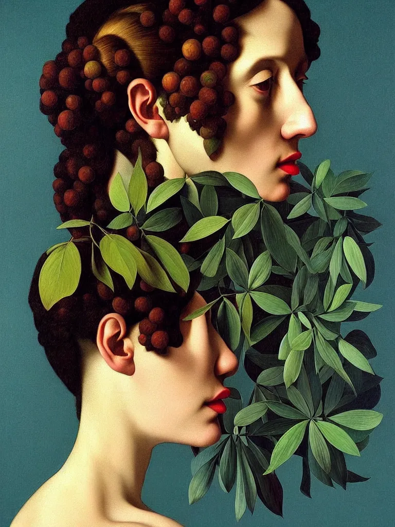 Image similar to hyperrealistic still life portrait woman's face in profile, beautiful plants, jungian archetypes, light refracting through prisms in a tesseract, by caravaggio, botanical print, surrealism, vivid colors, serene, by rene magritte