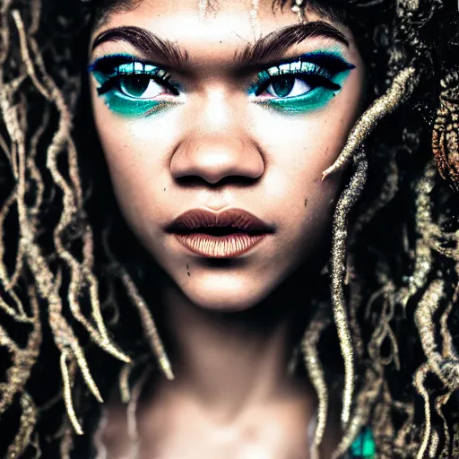 Image similar to Zendaya as mermaid, grungy, unkept hair, glowing eyes, modelsociety, radiant skin, huge anime eyes, RTX on, perfect face, intricate, Sony a7R IV, symmetric balance, polarizing filter, Photolab, Lightroom, 4K, Dolby Vision, Photography Award