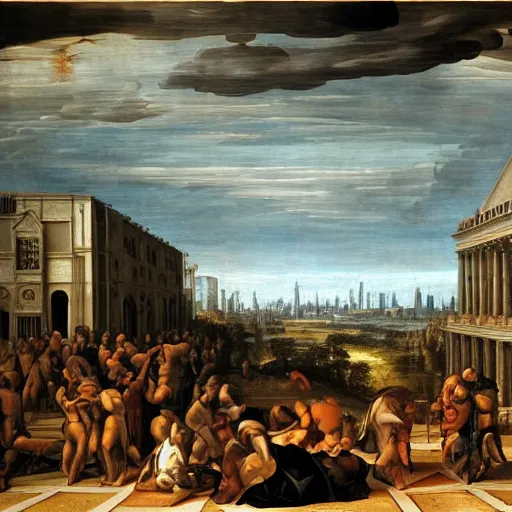 Prompt: renaissance painting of (wide shot) city of machines overlooked by God at a 36⁰ angle, foreboding, dark, stylistic