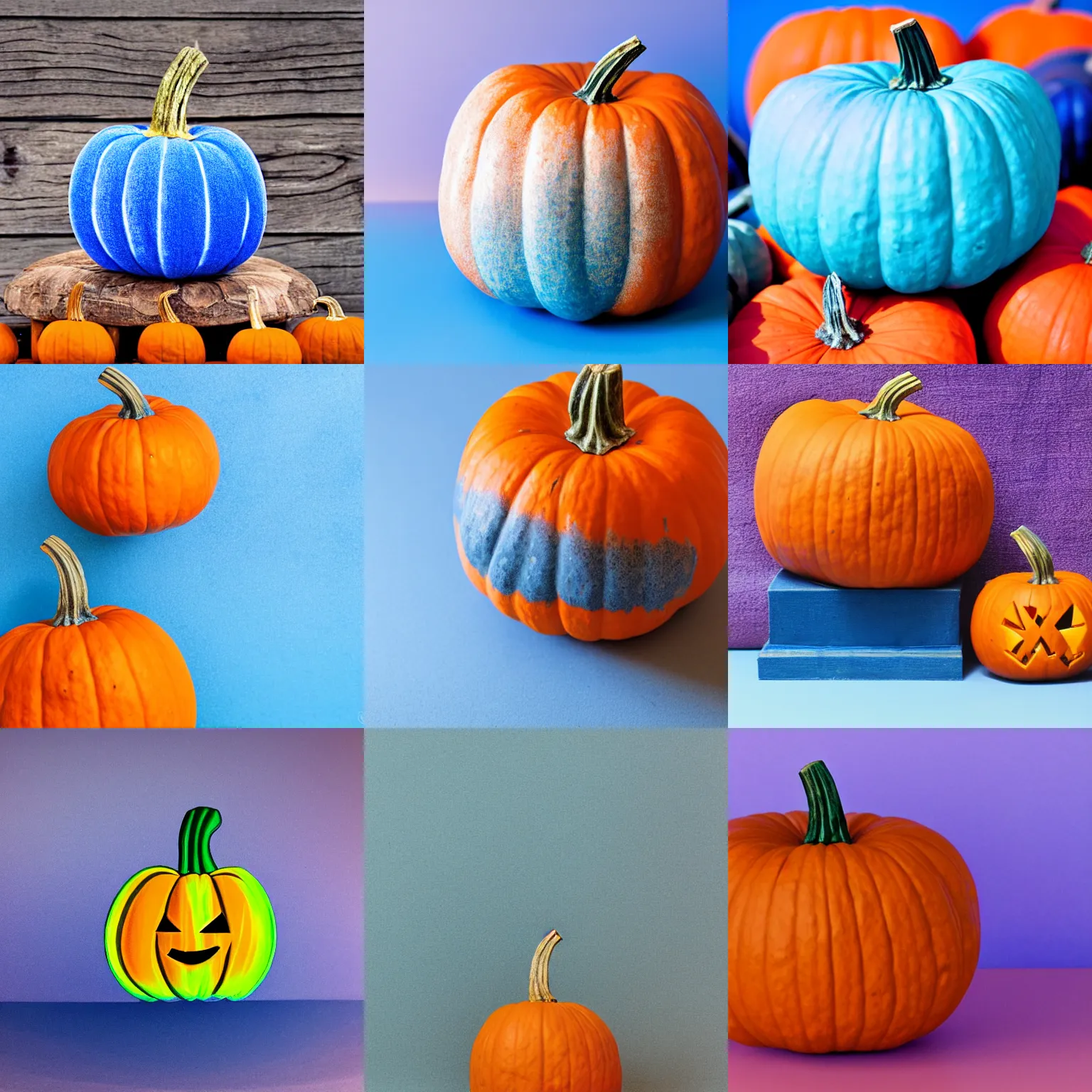 Prompt: a pumpkin in front of a blue gradient background