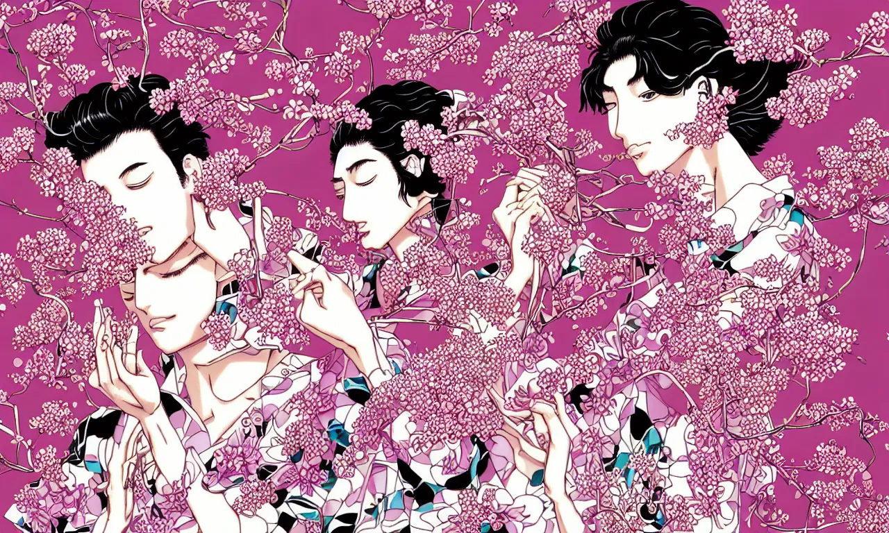 Prompt: fragrance advertising campaign by hirohiko araki, highly detailed, intricate, very beautiful