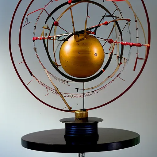 Prompt: a kinetic sculpture of this solar system, sun, orrery, canon 5 d 5 0 mm lens, papier - mache, studio, 1 9 7 6