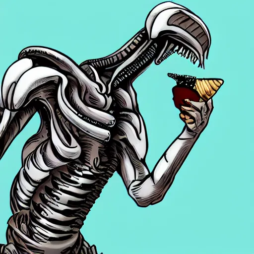 Image similar to a picture of a xenomorph eating ice cream, 4 k, artstation, science fiction, in the style of bill watterson