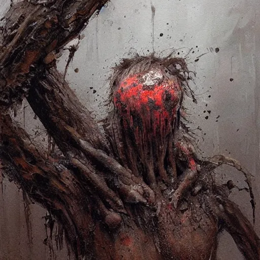 Image similar to painting by jakub rozalski of a muddy rooted humanoid creature with a big hole in the head. half body closeup