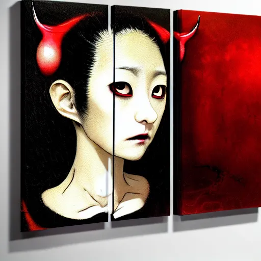 Image similar to yoshitaka amano blurred and dreamy realistic three quarter angle horror portrait of a sinister young woman with short hair, horns and red eyes wearing office suit with tie, junji ito abstract patterns in the background, satoshi kon anime, noisy film grain effect, highly detailed, renaissance oil painting, weird portrait angle, blurred lost edges