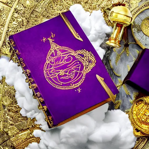 Image similar to a purple spell book with ornate filagree of imbued metal and gold sitting on top of a cloud with a space background