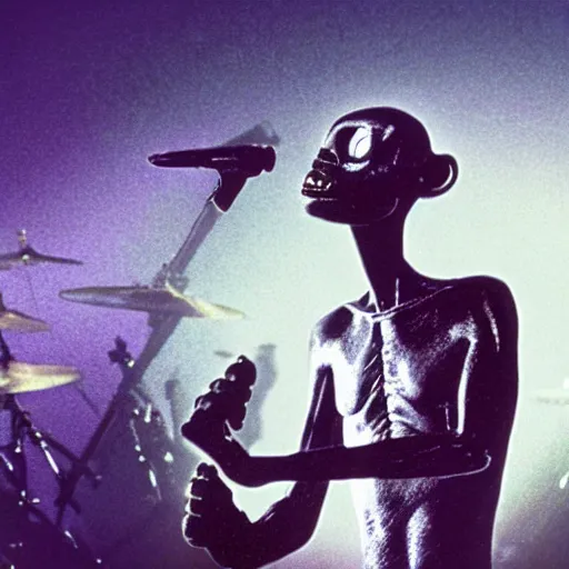 Image similar to hyperrealistic image of alien singing at a rock concert in the 1 9 6 0 s