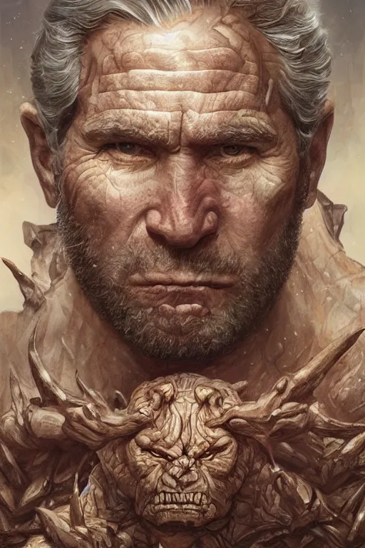 Image similar to portrait of george w bush as a hulking herculean demon, forest, godlike, full body, fantasy, intricate, elegant, highly detailed, digital painting, artstation, concept art, sharp focus, illustration, art by artgerm and greg rutkowski and alphonse mucha